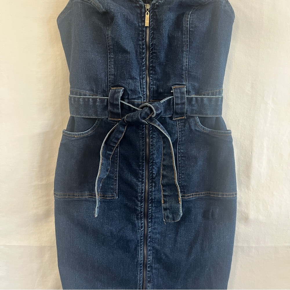 VENUS Dark Blue Denim Zip Front Belted Dress - Picture 2 of 9